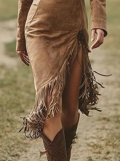 Vestido Midi Manga Larga con ante - Marrón