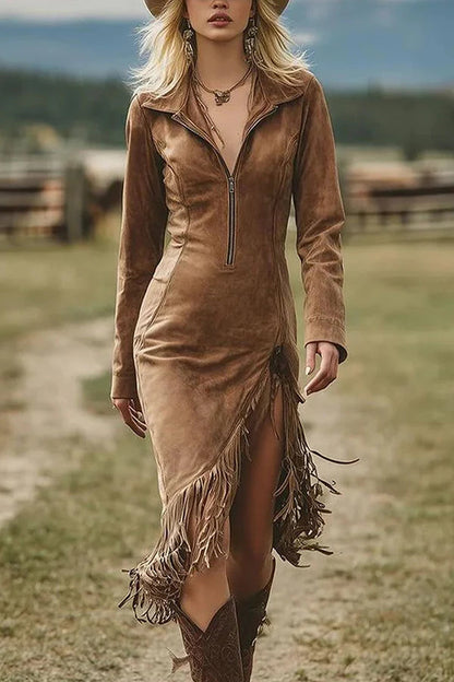 Vestido Midi Manga Larga con ante - Marrón