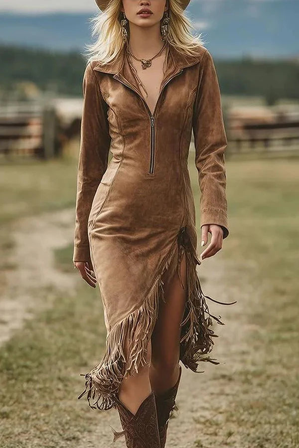 Vestido Midi Manga Larga con ante - Marrón