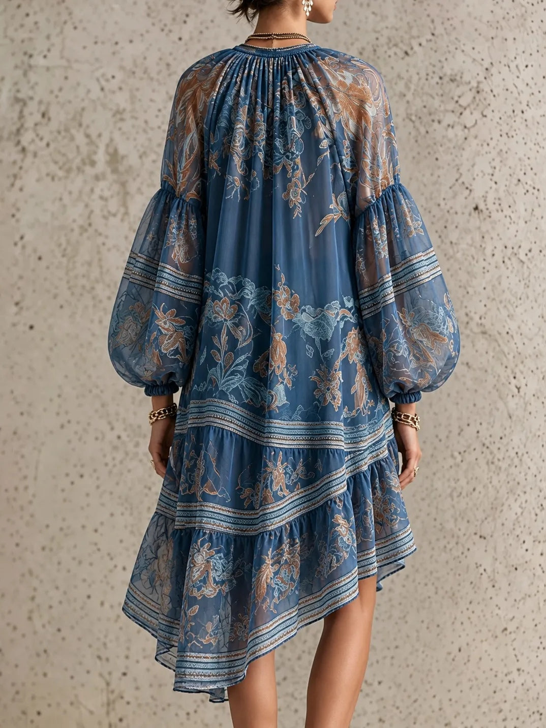 Vestido Estampado Vintage Azul Manga Larga con estampado - Azul