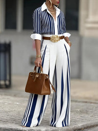 Conjunto de Dos Piezas Elegante Azul Marino con color block, a rayas y cinturón - Azul Marino