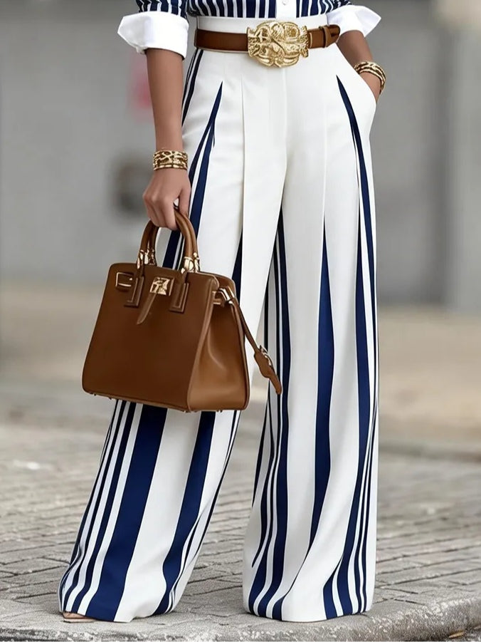 Conjunto de Dos Piezas Elegante Azul Marino con color block, a rayas y cinturón - Azul Marino