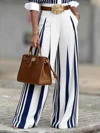 Conjunto de Dos Piezas Elegante Azul Marino con color block, a rayas y cinturón - Azul Marino