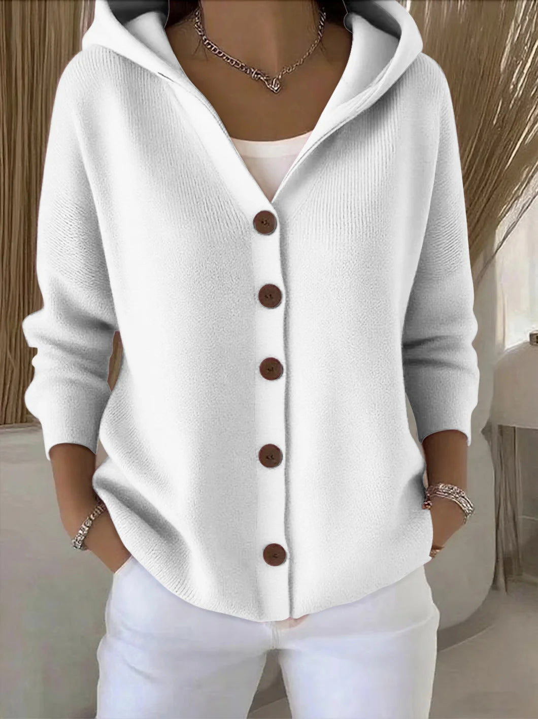 DARIENNE - Chaqueta de Punto con Capucha y Botones - Rosa