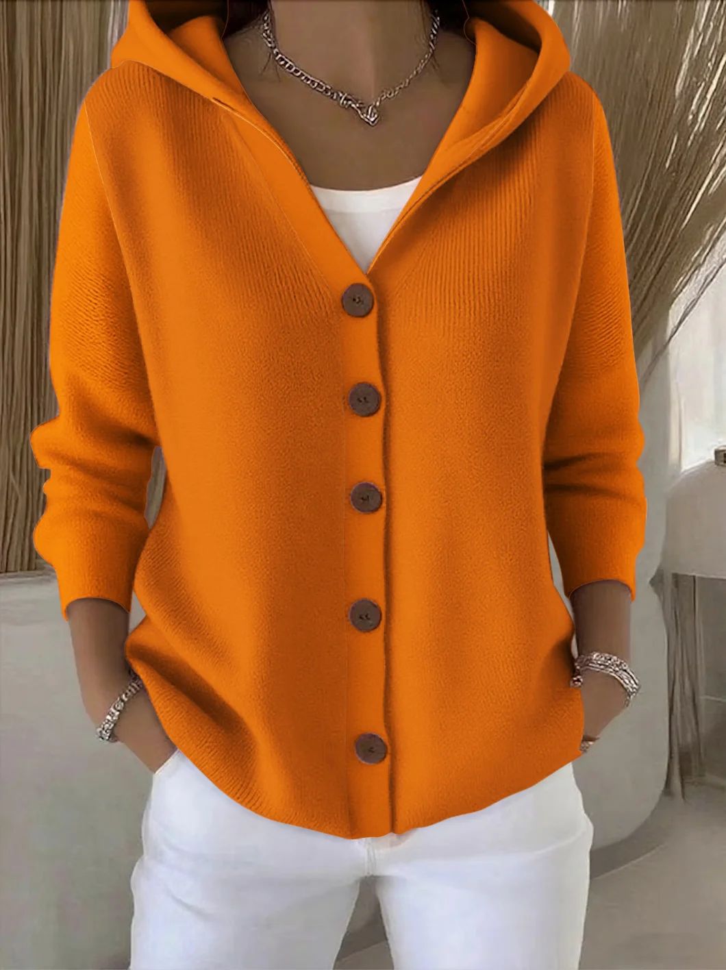 DARIENNE - Chaqueta de Punto con Capucha y Botones - Rosa