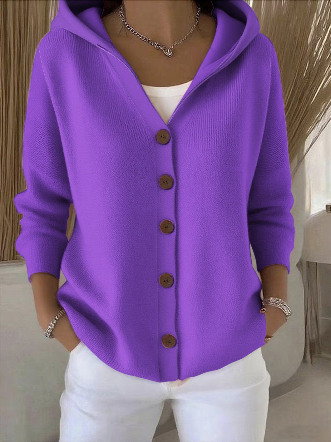 DARIENNE - Chaqueta de Punto con Capucha y Botones - Rosa