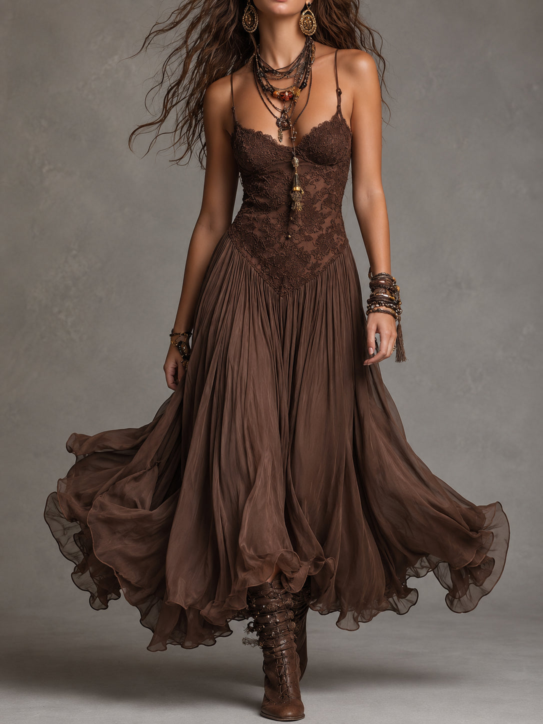 Vestido Largo Marrón con paneles de encaje y gasa - Marrón