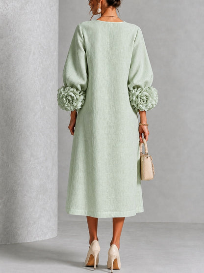 Vestido Midi Verde Salvia con botones delanteros, puños y floral - Verde Salvia
