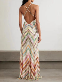 Vestido Largo con ganchillo, tirantes finos, escote en V y estampado - Multicolor