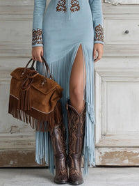 Vestido Largo con bordado, ante y flecos - Azul