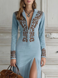 Vestido Largo con bordado, ante y flecos - Azul