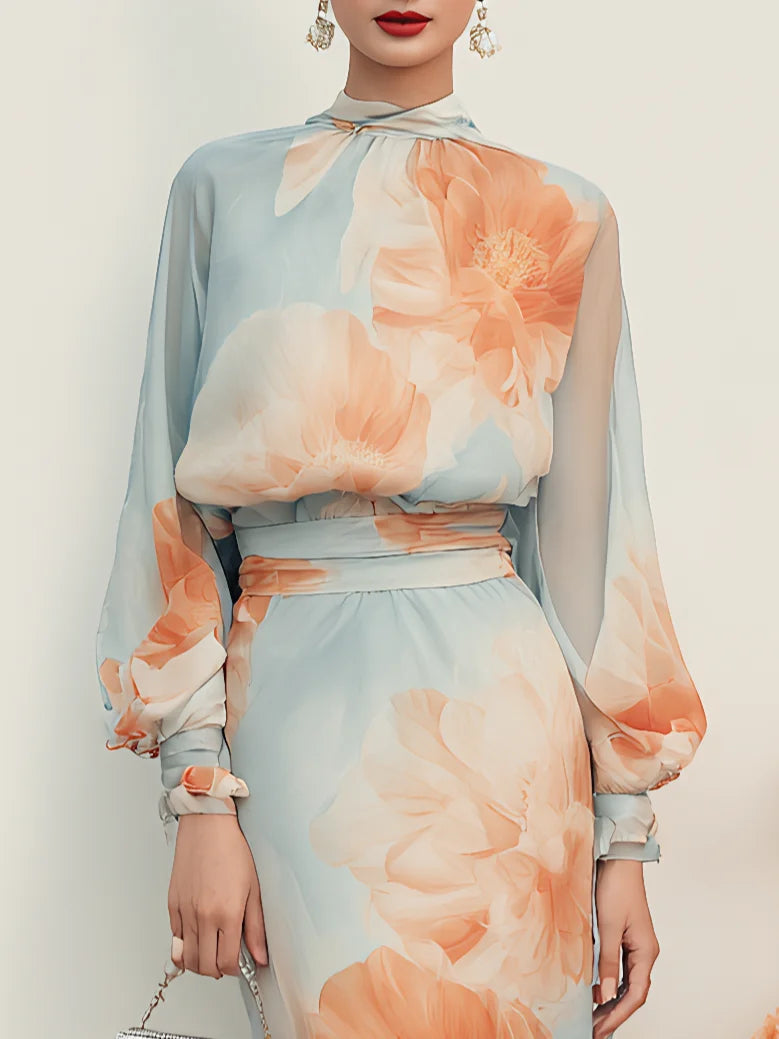 Conjunto de Dos Piezas Romántico Azul Claro Manga Larga con floral - Azul Claro