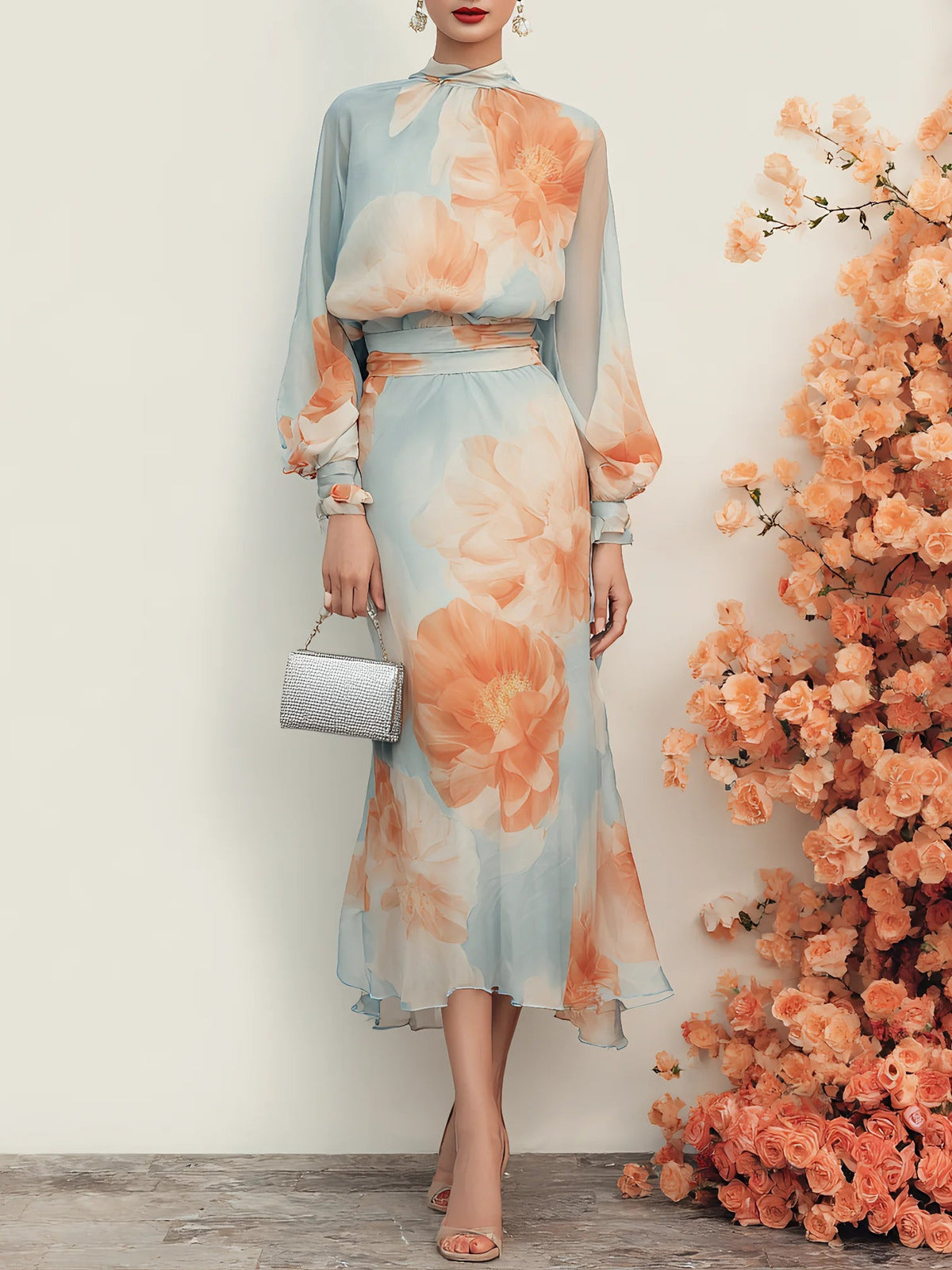 Conjunto de Dos Piezas Romántico Azul Claro Manga Larga con floral - Azul Claro