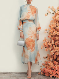 Conjunto de Dos Piezas Romántico Azul Claro Manga Larga con floral - Azul Claro