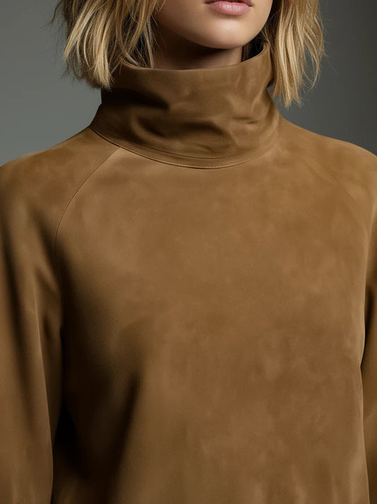 Minivestido Vintage Marrón Corte Holgado con ante y cuello vuelto - Marrón