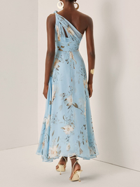 Vestido Estampado Azul Claro con plisado, gasa, un solo hombro y floral - Azul Claro