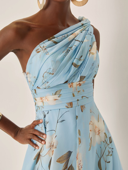 Vestido Estampado Azul Claro con plisado, gasa, un solo hombro y floral - Azul Claro
