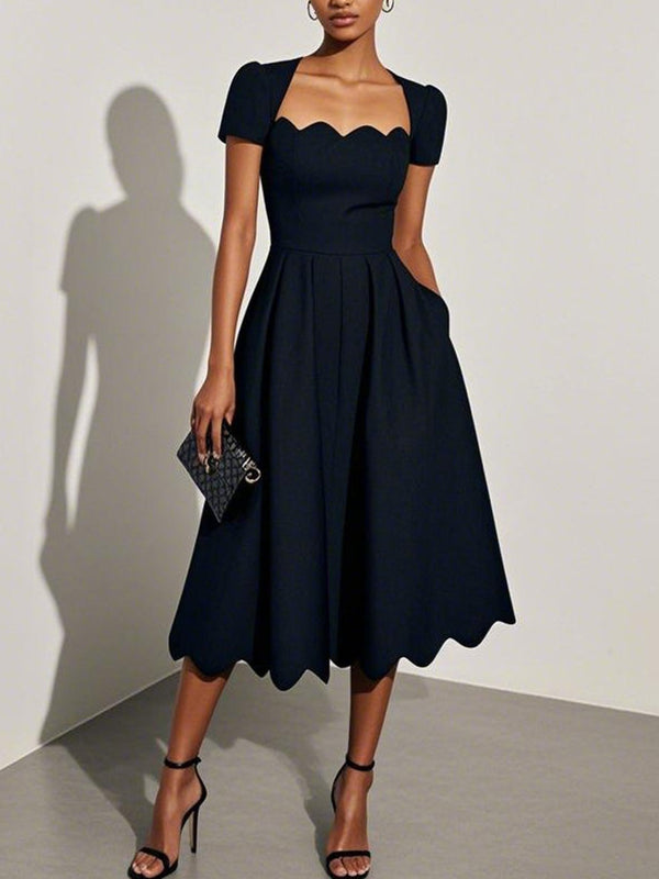 Vestido Midi Negro Manga Corta con escote cuadrado y corte en A - Negro