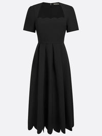Vestido Midi Negro Manga Corta con escote cuadrado y corte en A - Negro