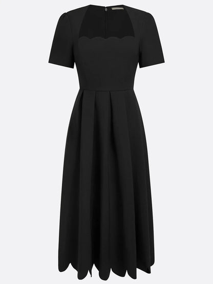 Vestido Midi Negro Manga Corta con escote cuadrado y corte en A - Negro