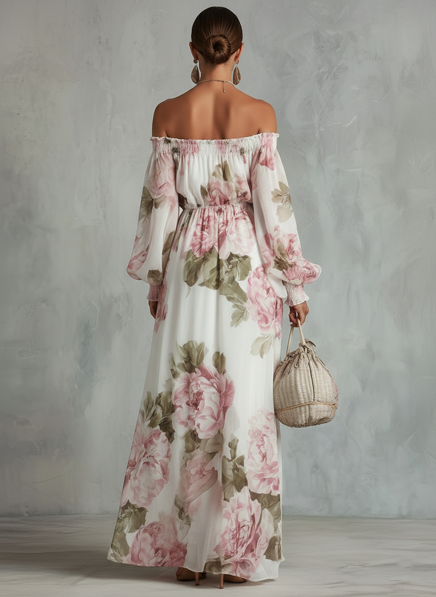 Vestido Estampado Blanco con estampado floral, hombros descubiertos y gasa - Blanco