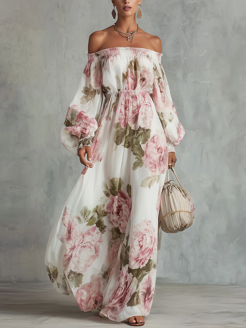 Vestido Estampado Blanco con estampado floral, hombros descubiertos y gasa - Blanco
