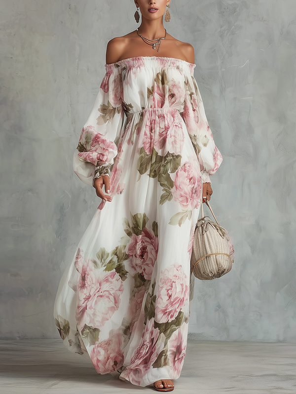 Vestido Estampado Blanco con estampado floral, hombros descubiertos y gasa - Blanco