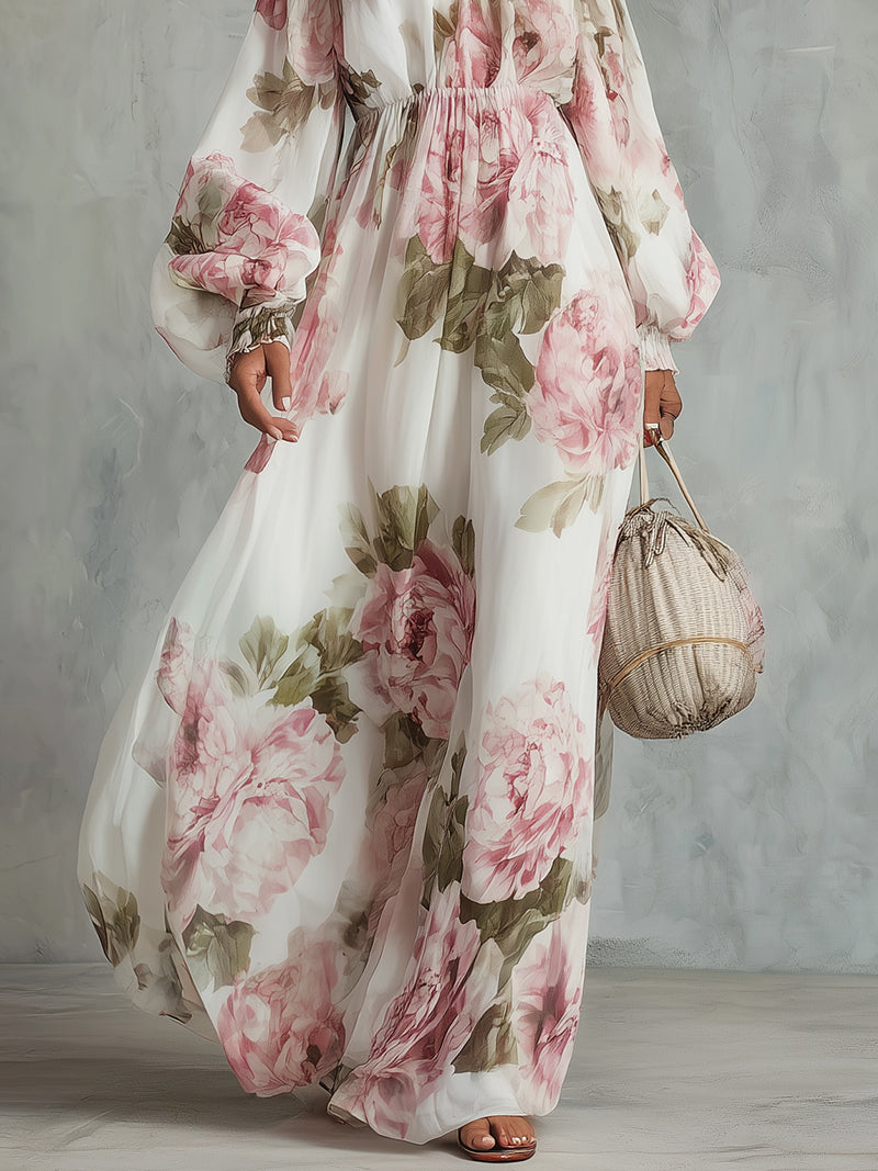 Vestido Estampado Blanco con estampado floral, hombros descubiertos y gasa - Blanco