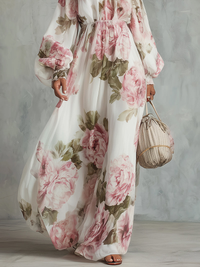 Vestido Estampado Blanco con estampado floral, hombros descubiertos y gasa - Blanco