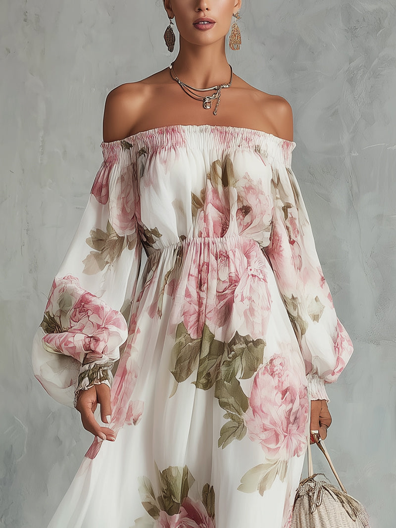 Vestido Estampado Blanco con estampado floral, hombros descubiertos y gasa - Blanco