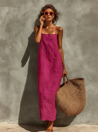 Vestido Casual con lino y escote cuadrado - Verde