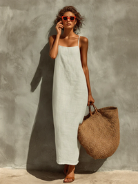 Vestido Casual con lino y escote cuadrado - Verde