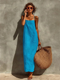 Vestido Casual con lino y escote cuadrado - Verde
