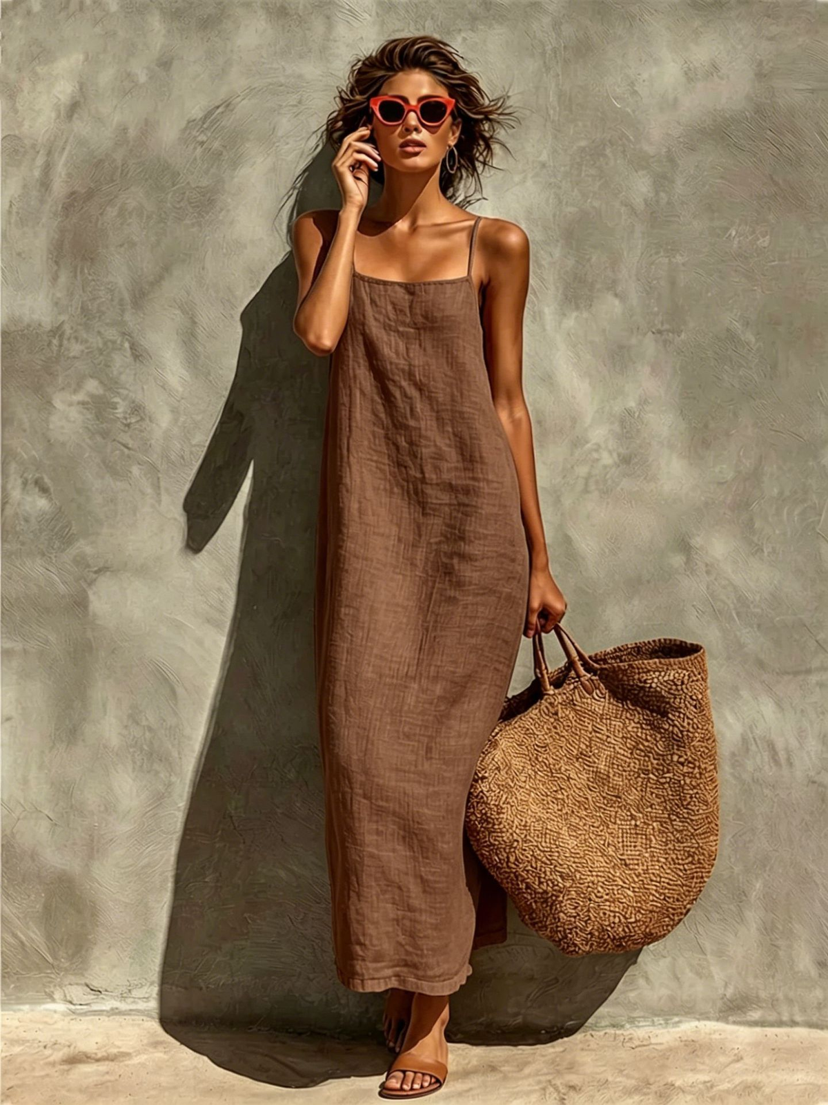 Vestido Casual con lino y escote cuadrado - Verde
