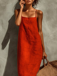 Vestido Casual con lino y escote cuadrado - Rojo