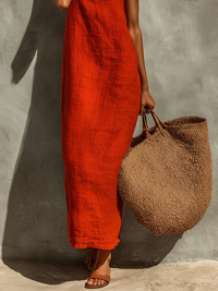 Vestido Casual con lino y escote cuadrado - Rojo
