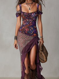 Vestido Estampado Morado con estampado de leopardo, abertura, estampado y floral - Morado