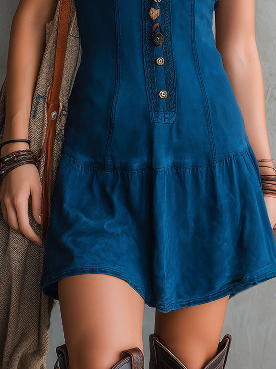 Minivestido Boho Índigo Sin Mangas con escote en V y botones delanteros - Índigo