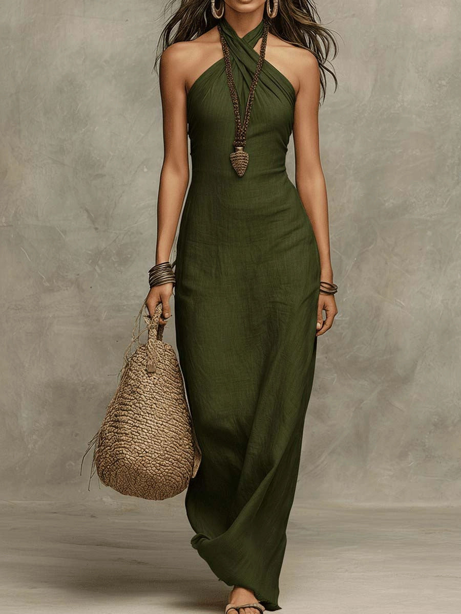 Vestido Largo con escote halter y lino - Negro
