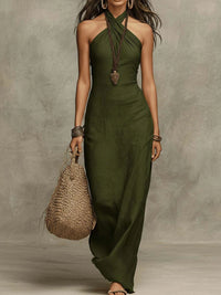 Vestido Largo con escote halter y lino - Negro