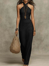 Vestido Largo con escote halter y lino - Negro