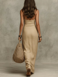 Vestido Largo con escote halter y lino - Caqui