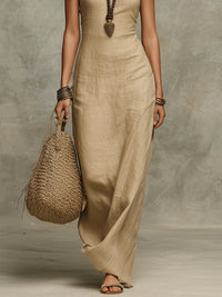 Vestido Largo con escote halter y lino - Caqui