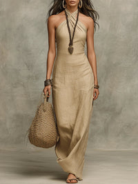 Vestido Largo con escote halter y lino - Caqui