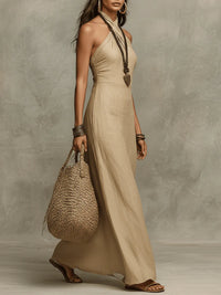 Vestido Largo con escote halter y lino - Caqui