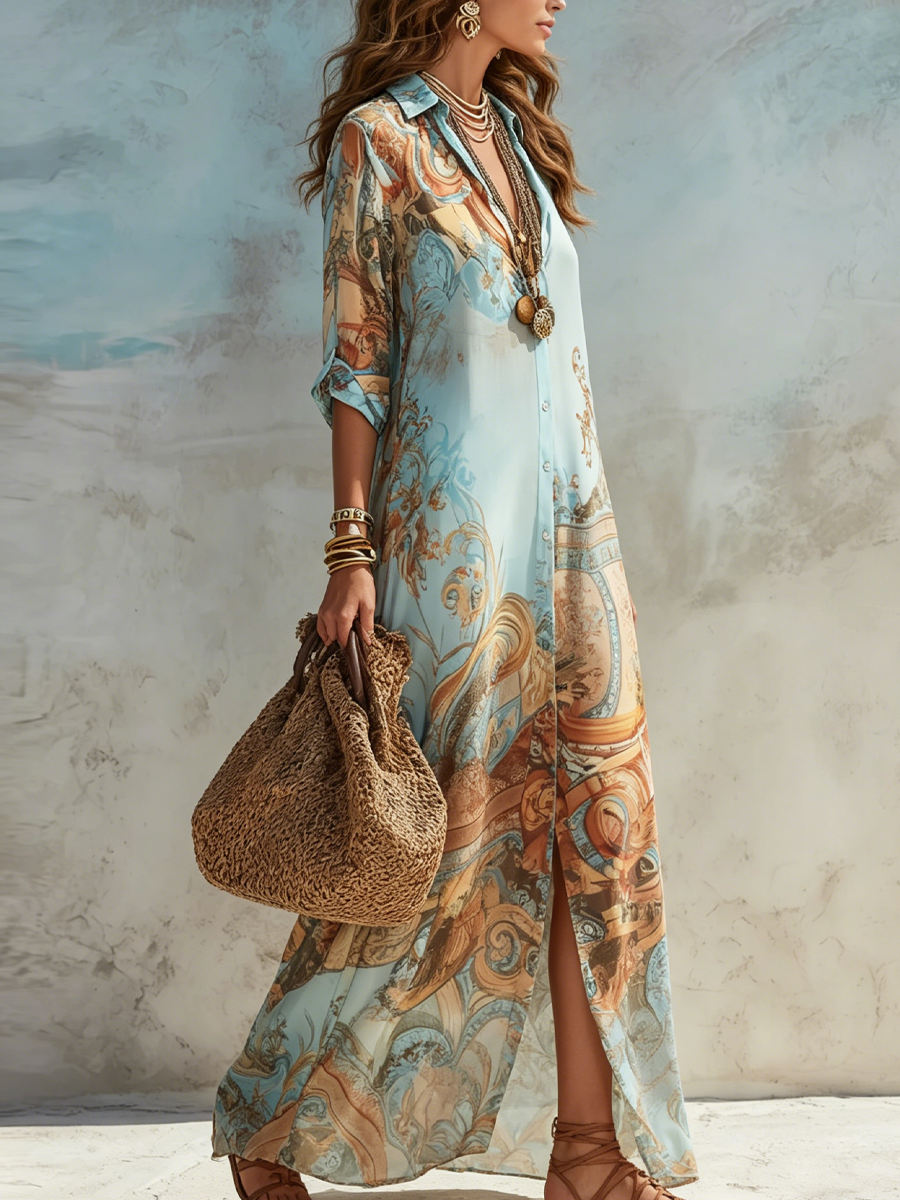 Vestido Casual Vacaciones Azul con estampado floral - Azul