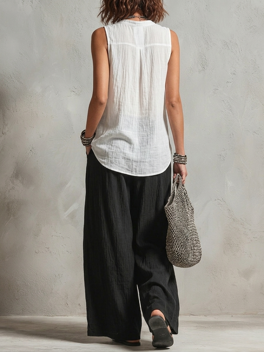 Conjunto de Tres Piezas Minimalista Negro con por capas y pierna ancha - Negro