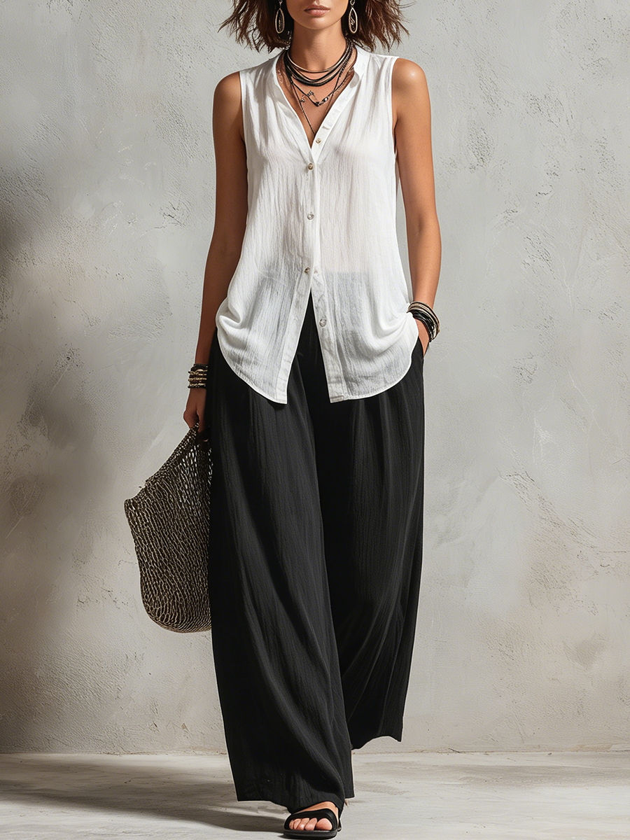 Conjunto de Tres Piezas Minimalista Negro con por capas y pierna ancha - Negro