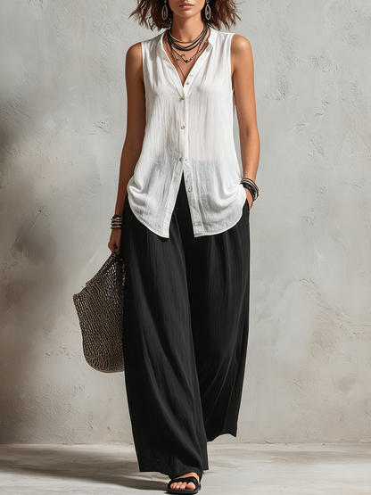 Conjunto de Tres Piezas Minimalista Negro con por capas y pierna ancha - Negro