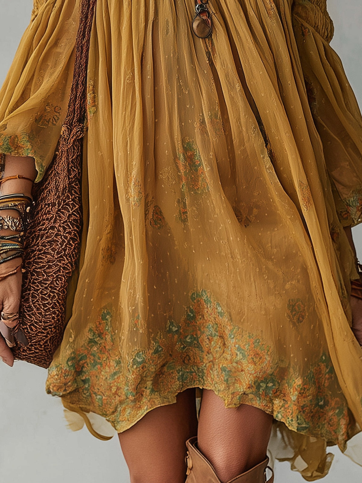 Minivestido Amarillo con gasa, hombros descubiertos y floral - Amarillo